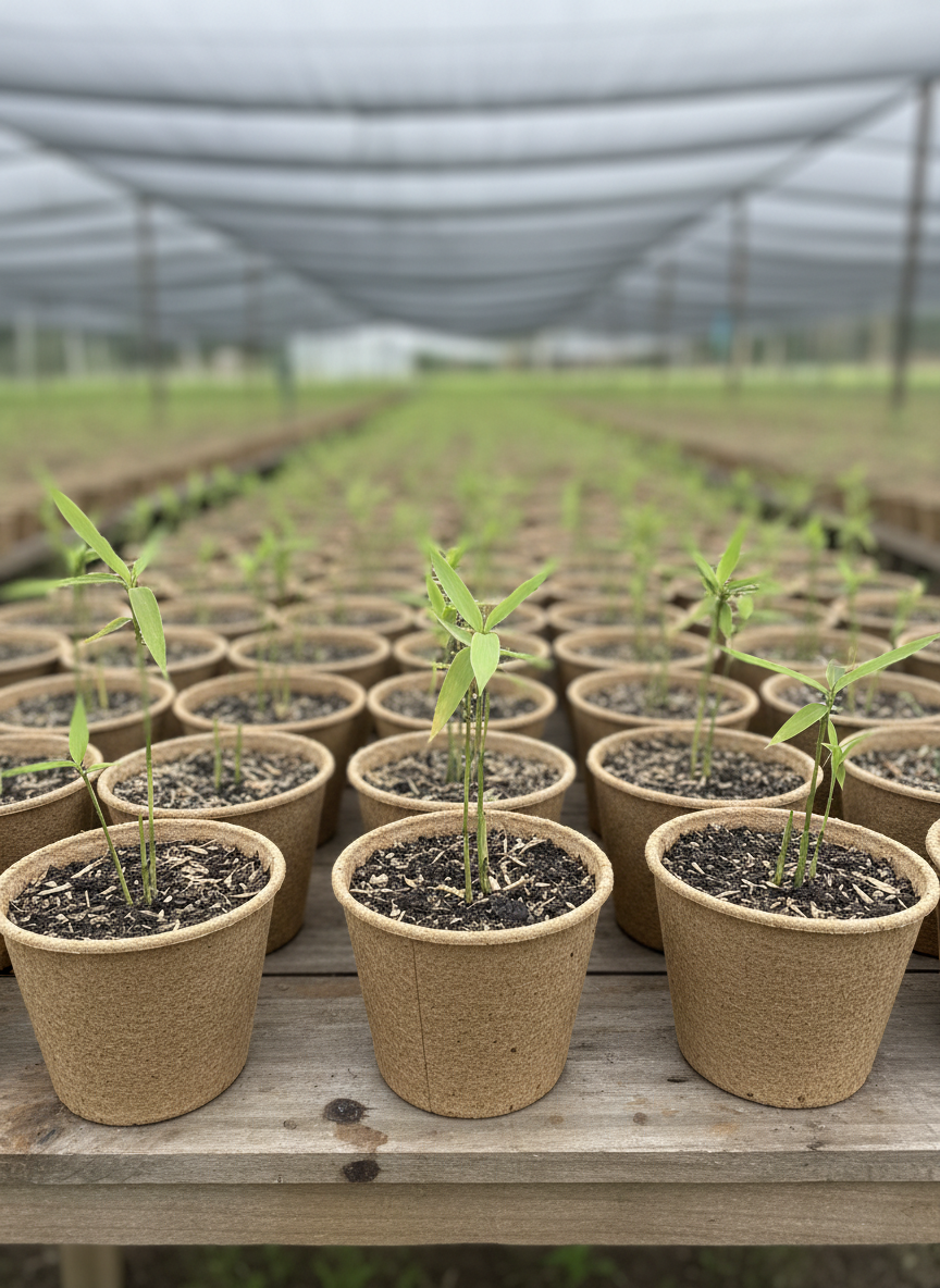 Young bamboo seedlings in biodegradable pots neatly arranged on a simple wooden table in an open-air nursery, each slender green shoot emerging from dark, moist soil flecked with organic mulch. Behind them, orderly rows of shaded propagation beds recede into the distance, covered by a light, semi-transparent mesh canopy. Soft overcast daylight creates even, diffused illumination, revealing fine leaf veins and delicate new growth without harsh contrasts. Shot from a slightly elevated angle with a shallow depth of field, the front seedlings are in crisp focus while the background gently blurs, conveying careful cultivation, sustainable agricultural practices, and a calm, optimistic atmosphere in photographic realism.