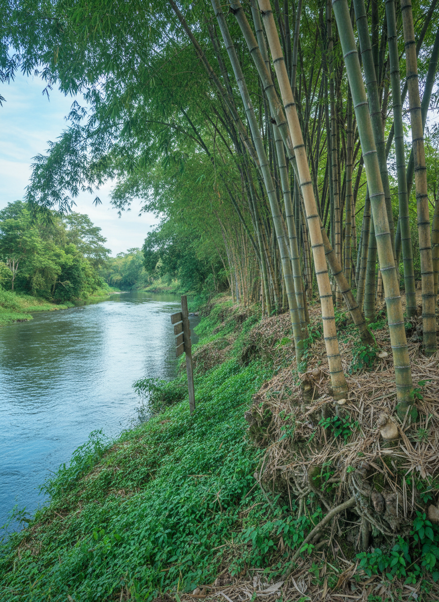 A riverbank bamboo conservation area in Aklan, with dense clusters of mature bamboo reinforcing the slope beside a gently flowing, clear river. The culms are thick and sturdy, their bases surrounded by deep green ground cover and fallen leaves forming a natural mulch. In the midground, a simple wooden signpost is visible but not legible, suggesting protected land without showing text. Soft, diffused late-morning tropical light filters through scattered clouds, creating a cool, even illumination that minimizes harsh shadows while highlighting the lush foliage. Shot from a slightly elevated perspective with strong depth, the composition leads the eye from foreground bamboo roots to the shimmering water, conveying environmental protection and resilience.