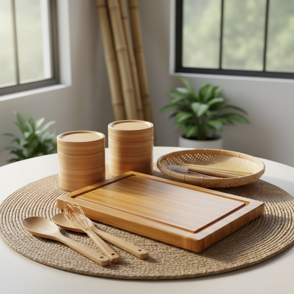A collection of eco-friendly bamboo products crafted in Aklan, including smooth, honey-toned bamboo cutting boards, finely sanded utensils, cylindrical storage containers, and woven trays, carefully arranged on a natural woven mat. The bamboo grain and joints are clearly visible, showing precise craftsmanship and subtle variations in color from pale straw to warm caramel. Soft morning light from the left side creates gentle highlights along edges and casts delicate shadows, emphasizing form and texture. The background is a softly blurred interior of a simple, airy workspace with hints of stacked raw bamboo poles. Captured at a three-quarter angle with a balanced composition, the image feels professional, authentic, and environmentally conscious.