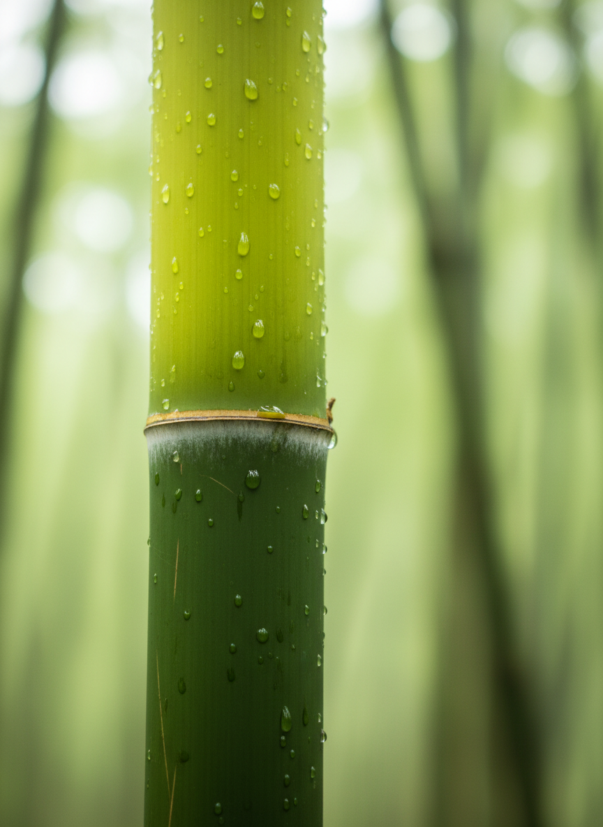 A close-up, macro-style photograph of a single vibrant bamboo culm in Aklan, its glossy surface transitioning from bright lime green near the top node to a deeper emerald lower down. Beads of recent rain cling to the surface, forming tiny lenses that reflect the surrounding grove. The background is a creamy green blur of out-of-focus leaves and distant stems, achieved with a very shallow depth of field. Soft, diffused overcast lighting reduces glare and brings out subtle surface textures and fine hairline scratches on the bamboo skin. The composition is vertical and minimalist, with the culm slightly off-center, evoking purity, resilience, and the organic beauty of sustainably grown bamboo.