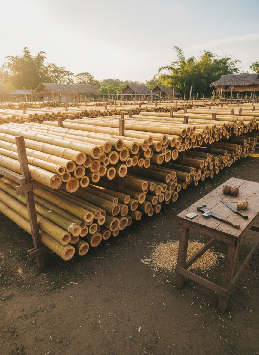 An organized bamboo processing yard in Aklan with long, freshly harvested bamboo poles neatly stacked on raised wooden racks to dry, their cut ends revealing concentric rings and hollow centers in pale yellow-green tones. The ground is compacted earth, clean and swept, with a few scattered bamboo shavings near a simple workbench holding hand tools. Warm, low-angle late afternoon sunlight washes across the yard, creating elongated shadows and emphasizing the cylindrical forms of the poles. Captured in photographic realism from a wide-angle, eye-level view, with sharp detail throughout, the image communicates efficiency, sustainability, and a professional approach to bamboo cultivation and preparation without feeling staged or like generic stock photography.